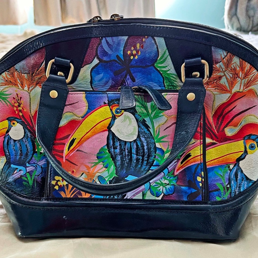 SATCHEL, LEATHER HANDPAINTED MULTICOLOUR PARROTS, TOP DOUBLE ZIP CLOSURE, REMOVA